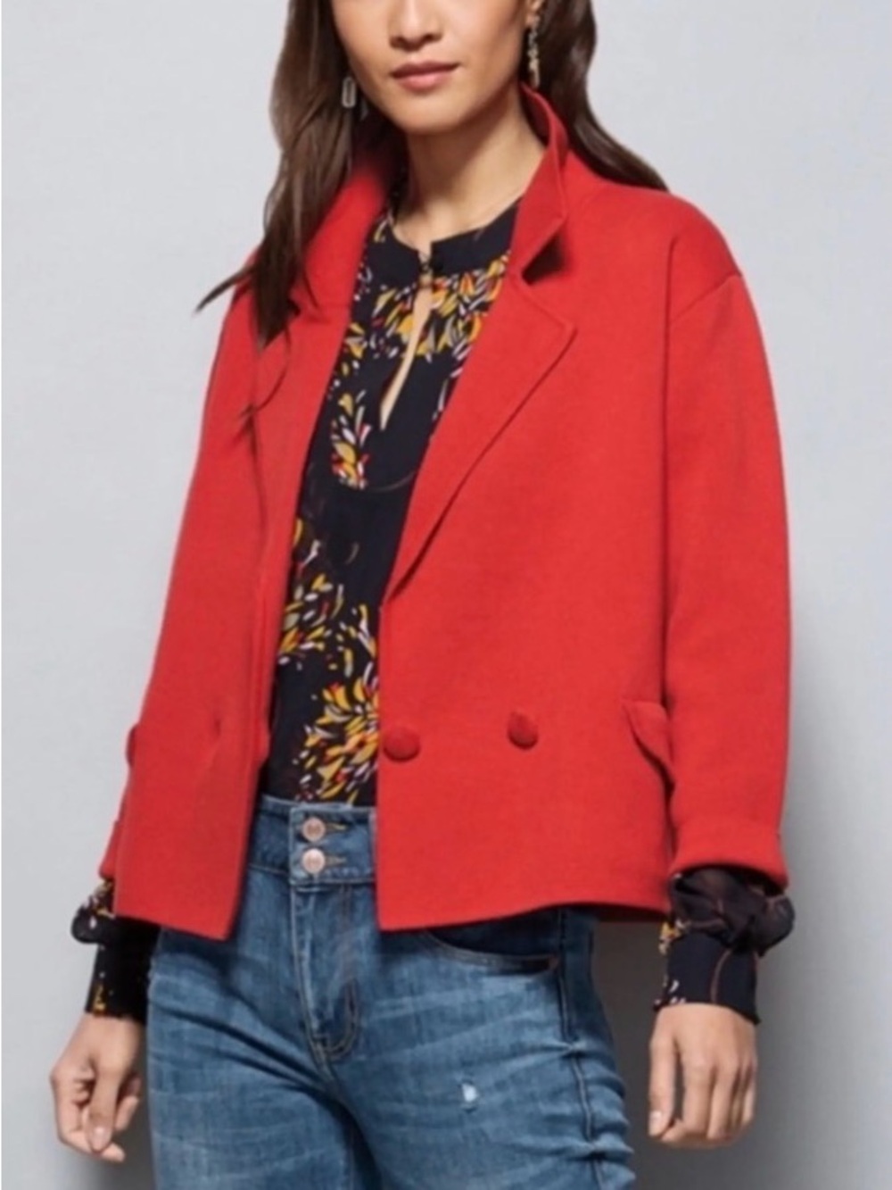 CAbi Vibrant Red Cropped Double-Button Blazer